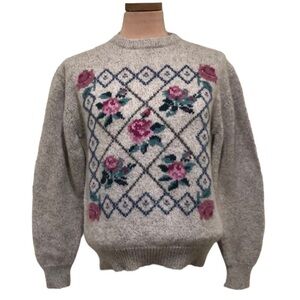 Eddie Bauer Sweater Size Medium Tan Floral Knit Wool Blend